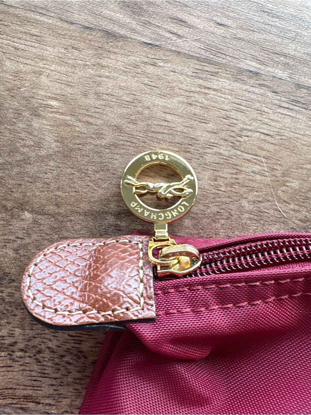 Longchamp Le Pliage Burgundy Tote with Brown Leather Trim - Picture 6 of 13